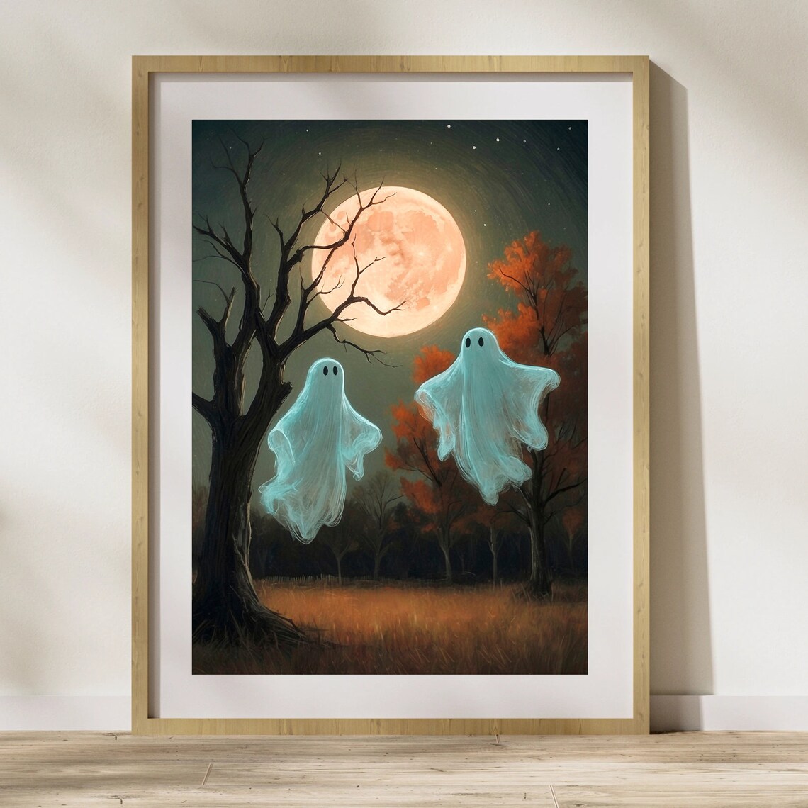 Two Cute Ghosts Floating Under Full Moon In Autumn Night Forest Painting Poster - Image 3