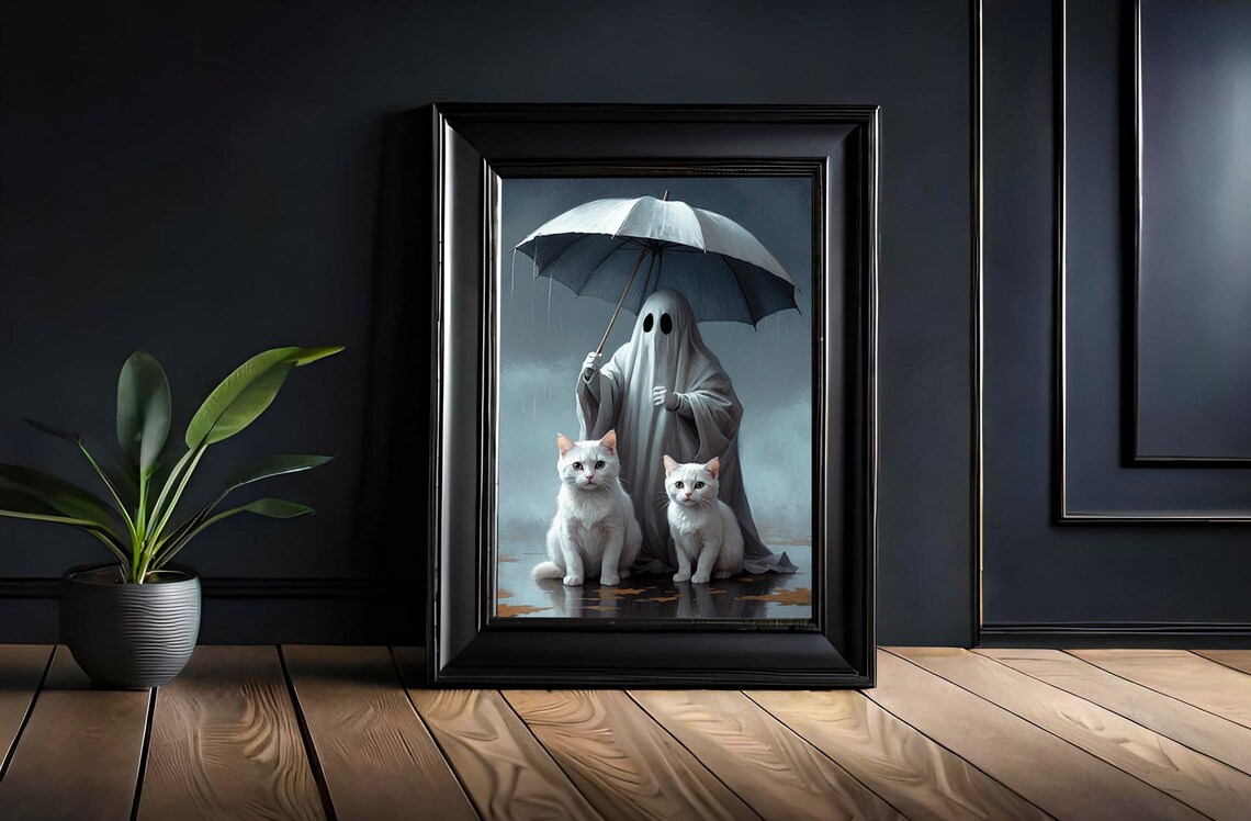 Cute Ghost Holding Umbrella Over Two White Cats In Rain Painting Poster - Image 3