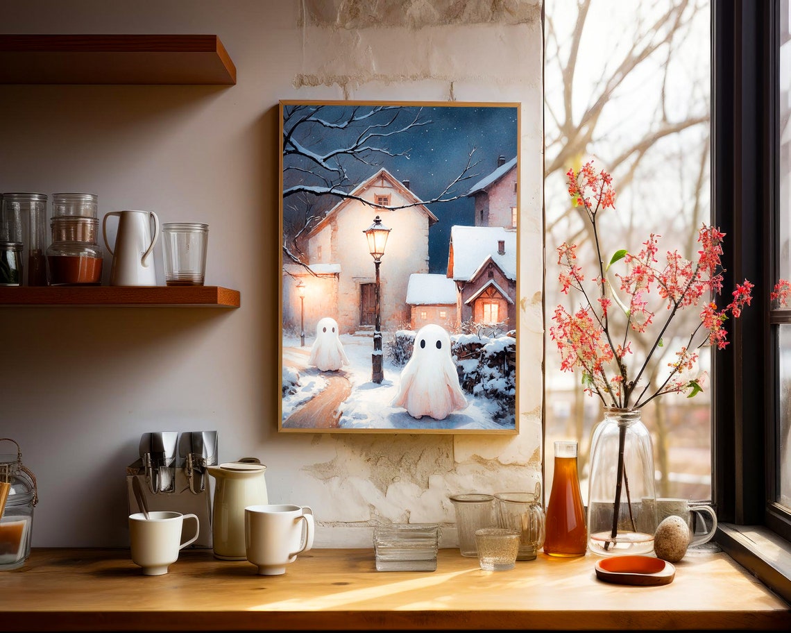 Two Ghosts in Snowy Christmas Village Lane at Nightfall Print - Image 2