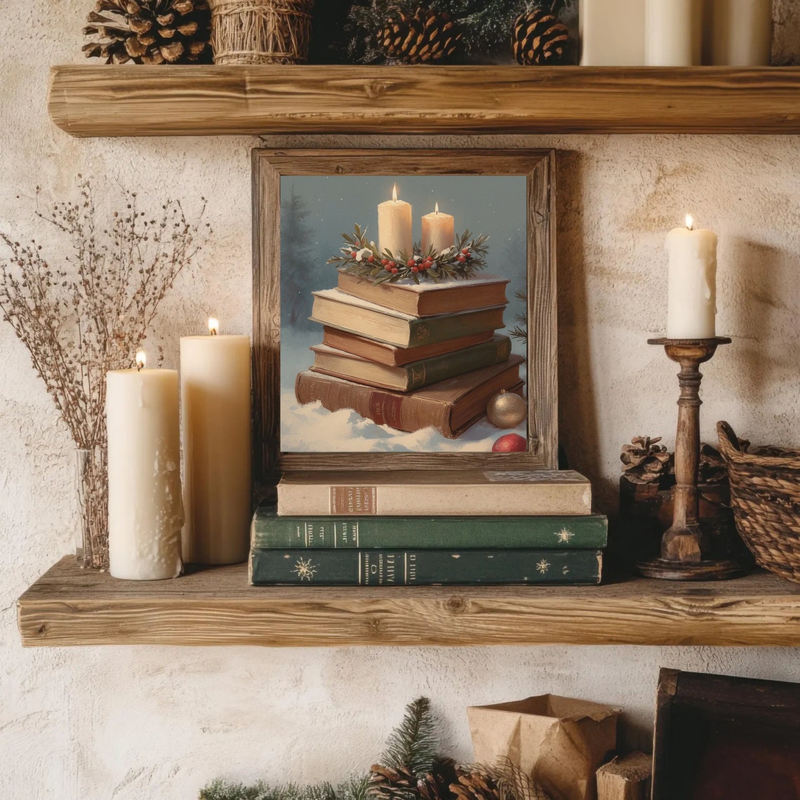 Christmas Books Painting Vintage Winter Print Book Art Still Life Christmas Decor Winter Oil Painting Cottage Holiday Decor - Image 5
