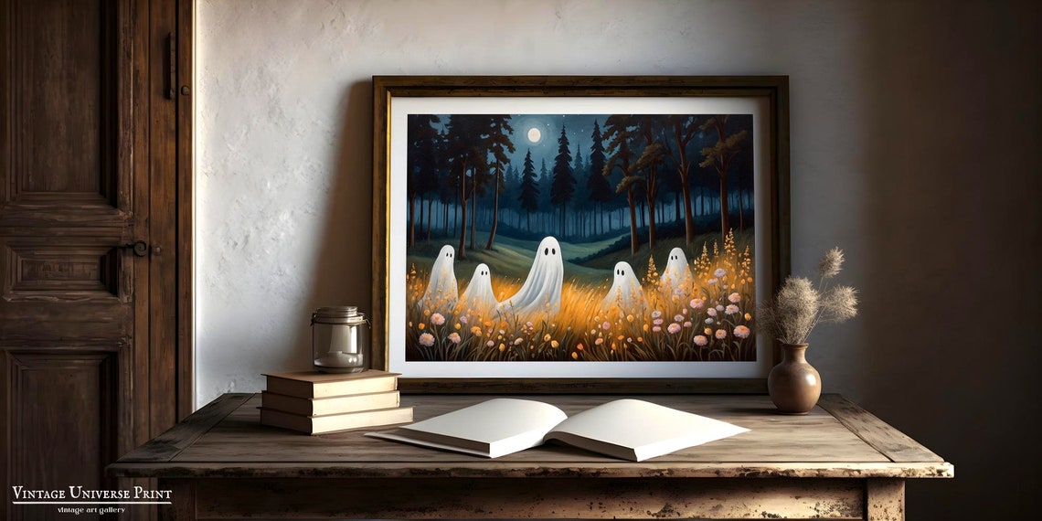 Five Ghosts In A Moonlit Meadow Among Wildflowers Night Poster - Image 3