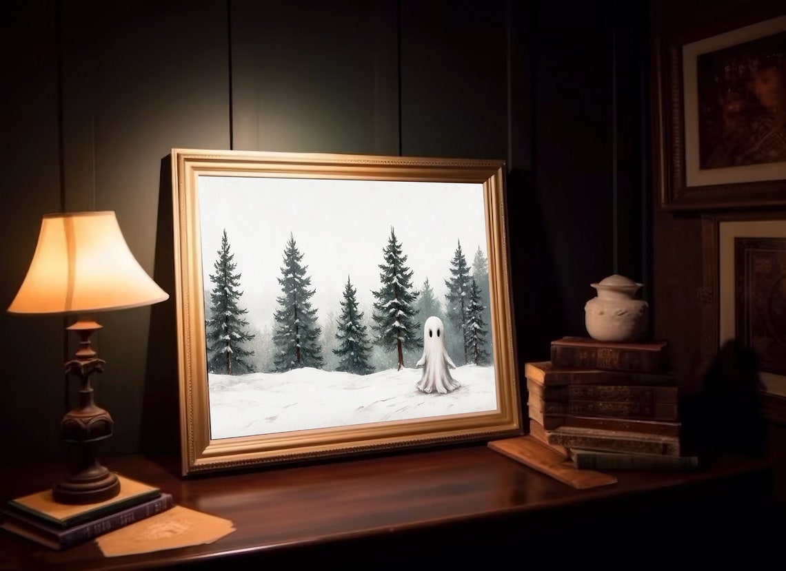 Ghost in Snowy Pine Forest Minimalist Winter Scene Art Print - Image 2