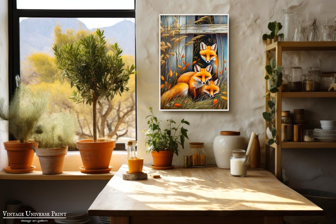 Red Fox Family In Autumn Grass By A Weathered Wooden Fence Print - Image 2