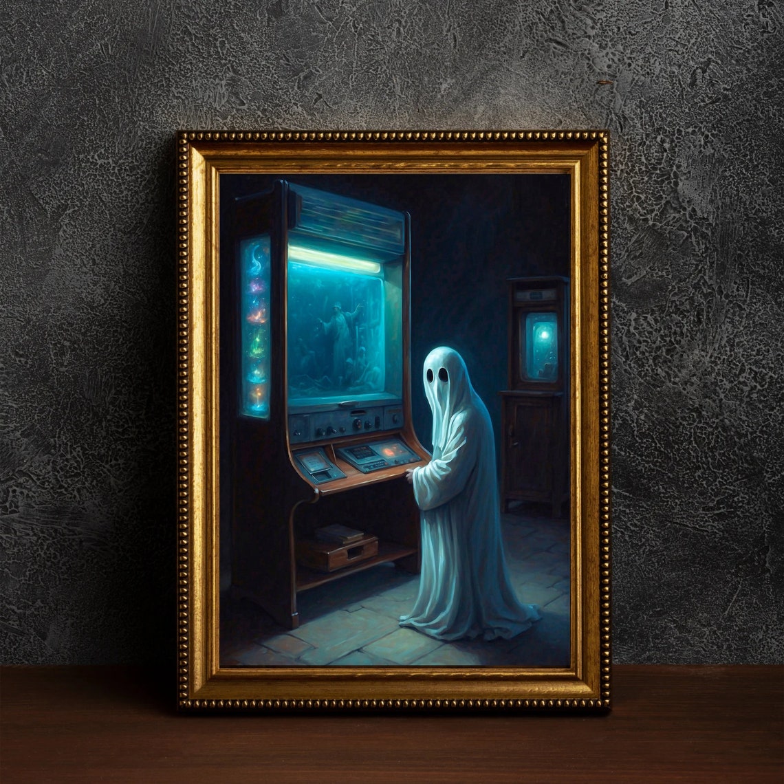 Ghost Playing A Vintage Arcade Cabinet In A Dark Room Poster - Image 5