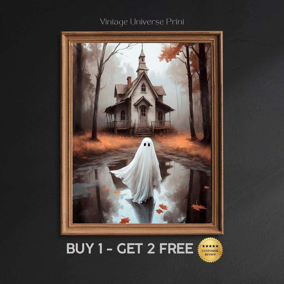 Cute Ghost By Puddle Reflection Before Misty Old House Halloween Painting Poster