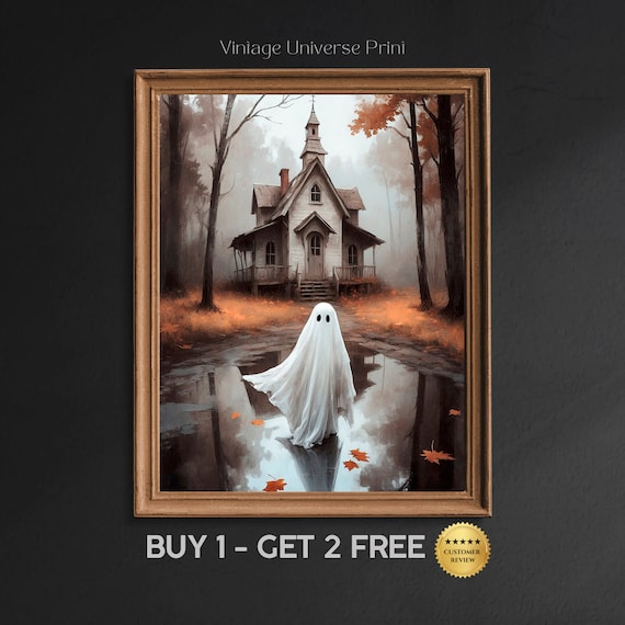 Cute Ghost By Puddle Reflection Before Misty Old House Halloween Painting Poster