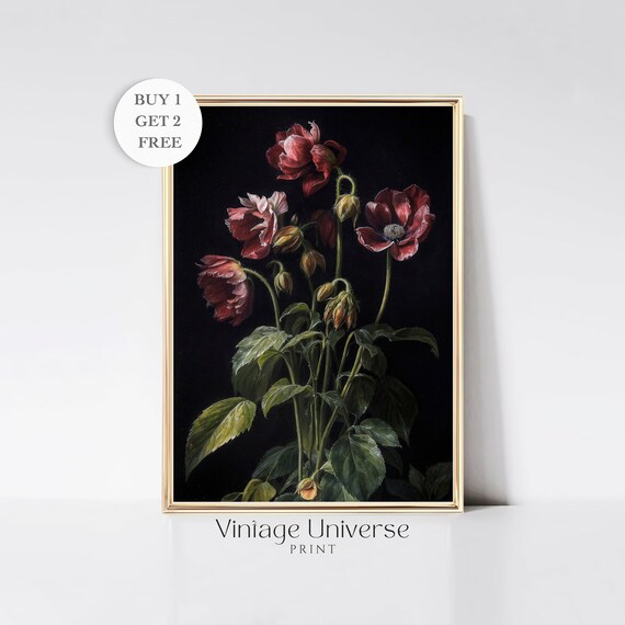 Poppies Painting Moody Poppies Print Poppies Wall Art Print Dark Botanical Still Life Painting Rustic Farmhouse Decor