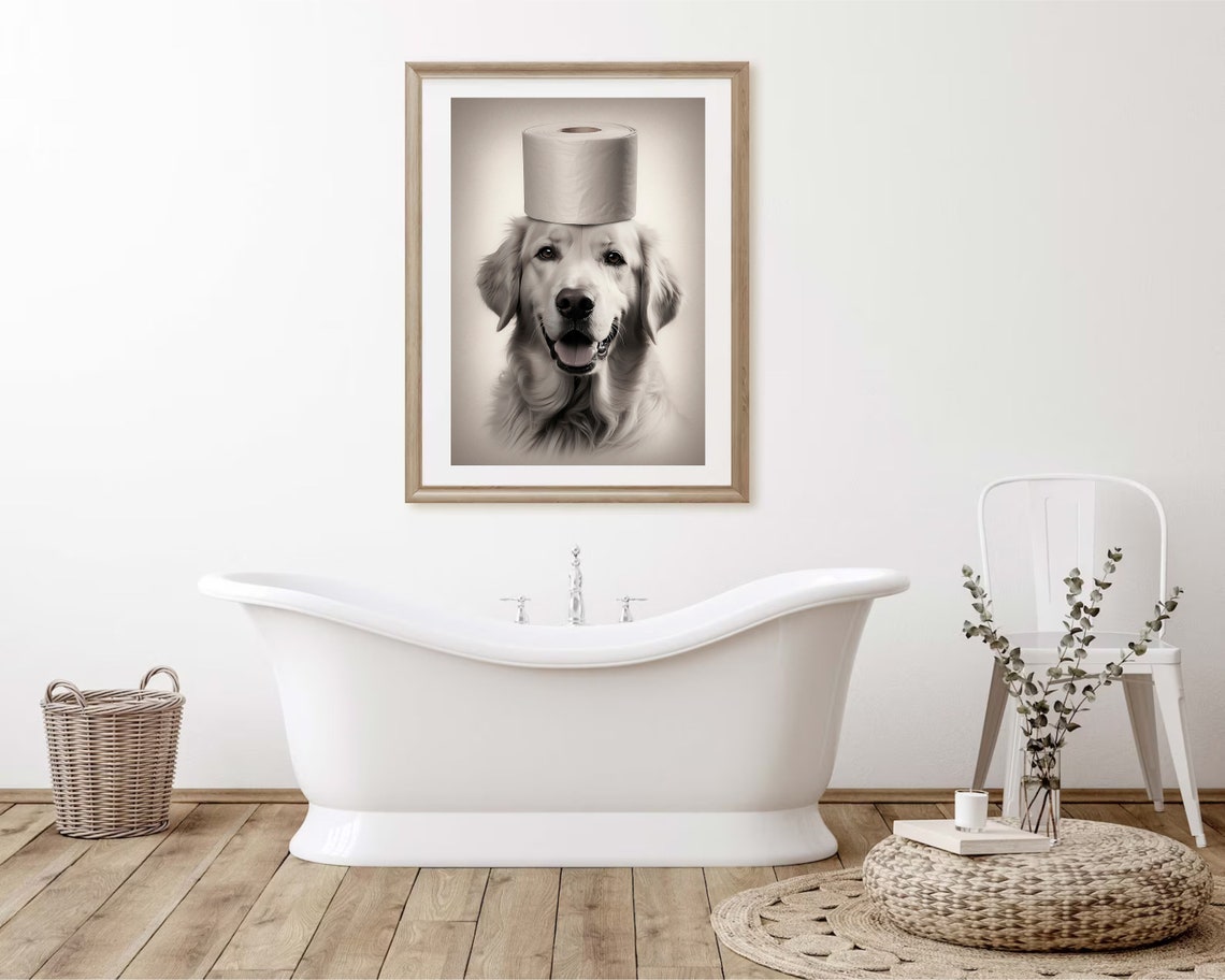 Golden Retriever With Toilet Paper Roll On Head Funny Bathroom Poster - Image 2