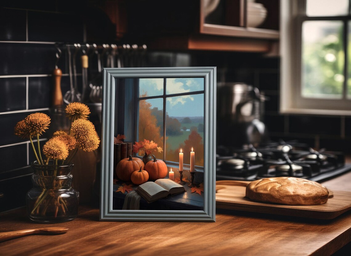 Autumn Window View With Pumpkins Candles And Book Cozy Fall Painting Poster - Image 3