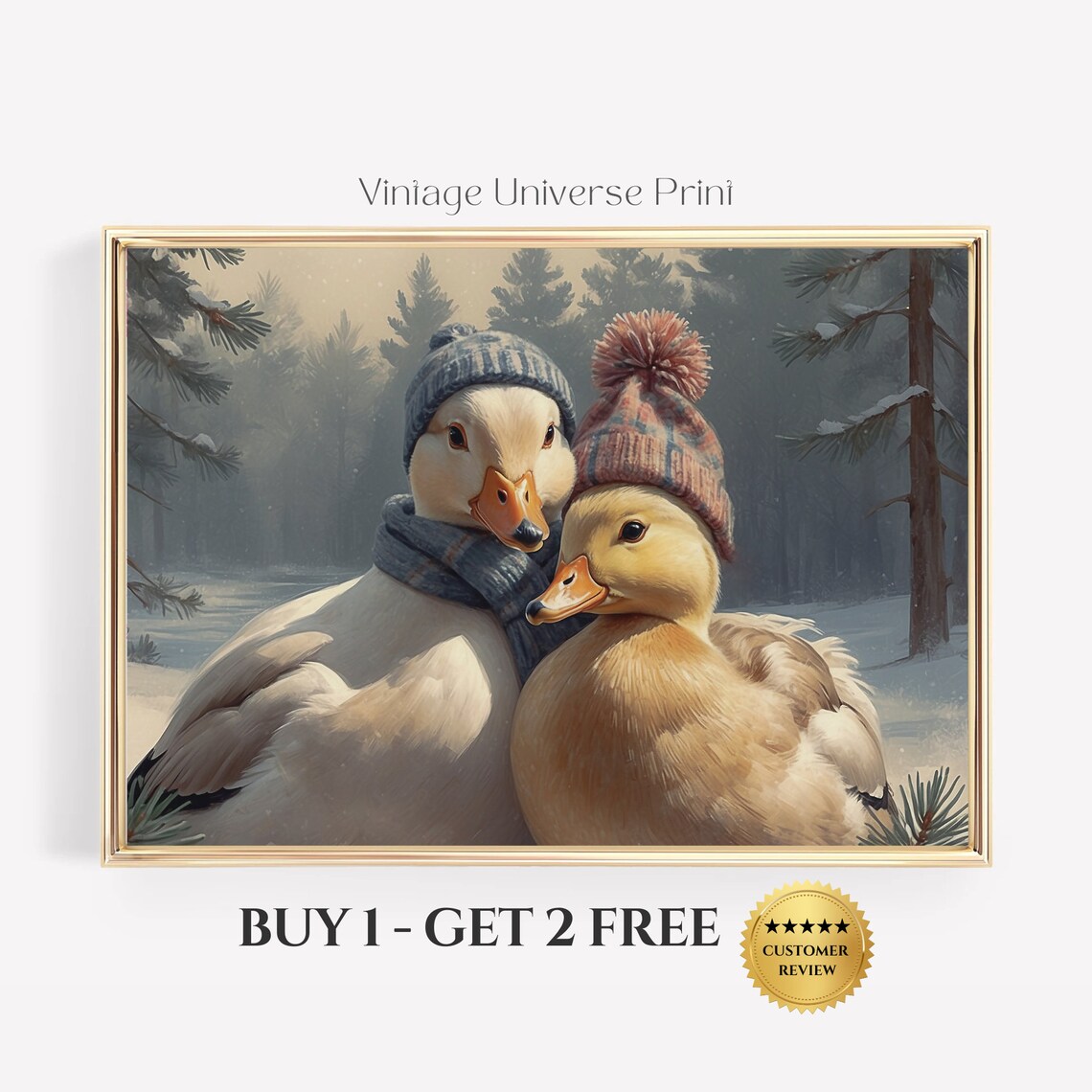 Two Ducks In Winter Hats Snowy Forest Cute Cozy Christmas Poster