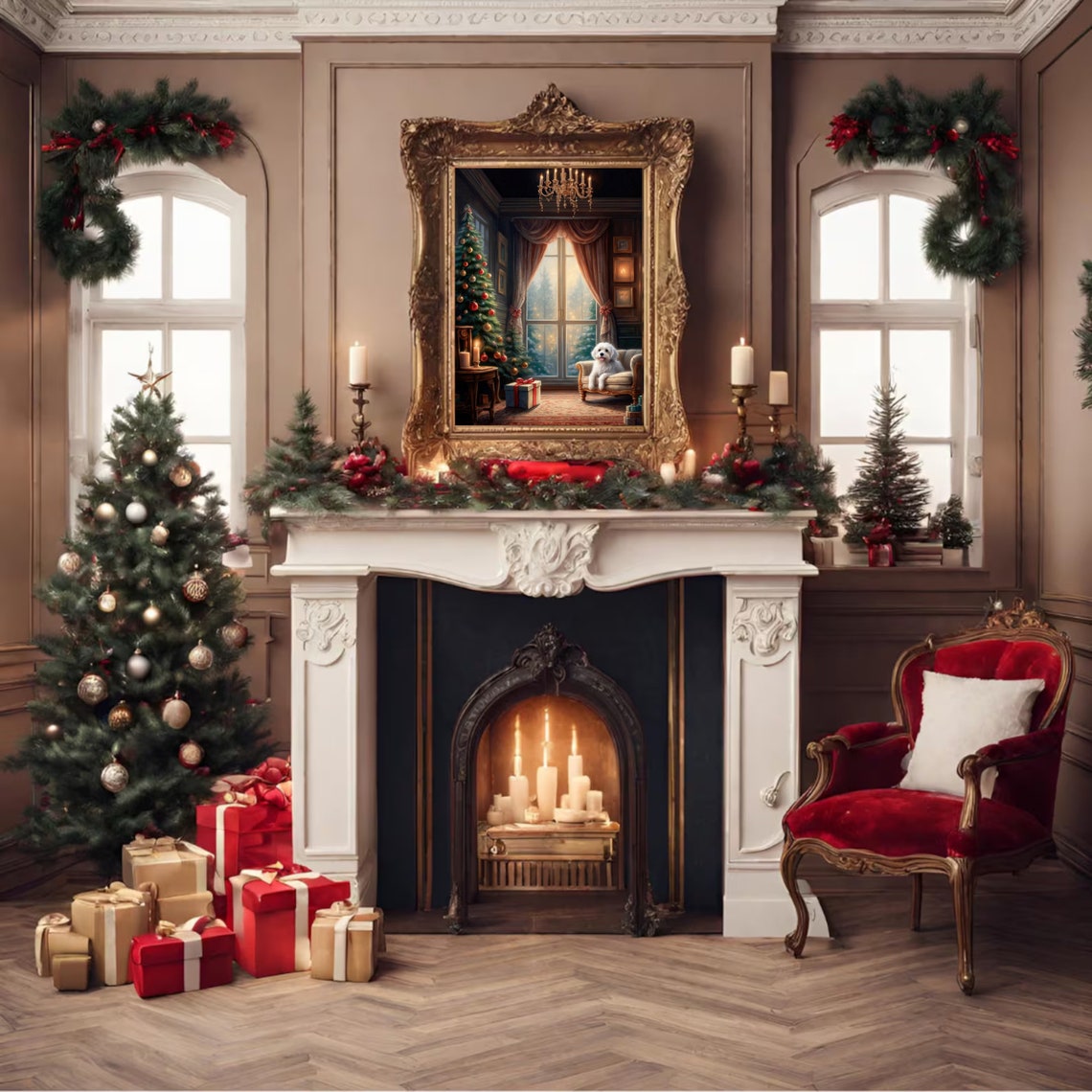 Christmas Living Room Vintage Painting Christmas Tree Wall Art Cozy Christmas Interior House Christmas Wall Art Holiday Season - Image 3
