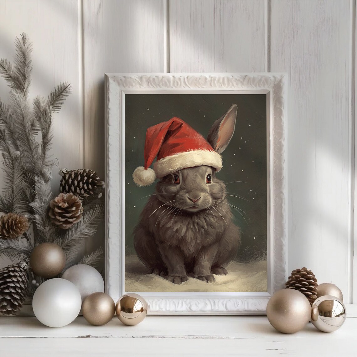 Gray Bunny In Santa Hat In The Snow Cute Cozy Christmas Poster - Image 3