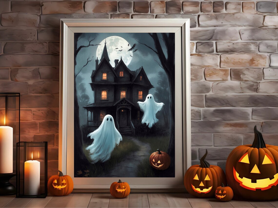 Two Cute Ghosts At Haunted House Under Full Moon Halloween Painting Poster - Image 3