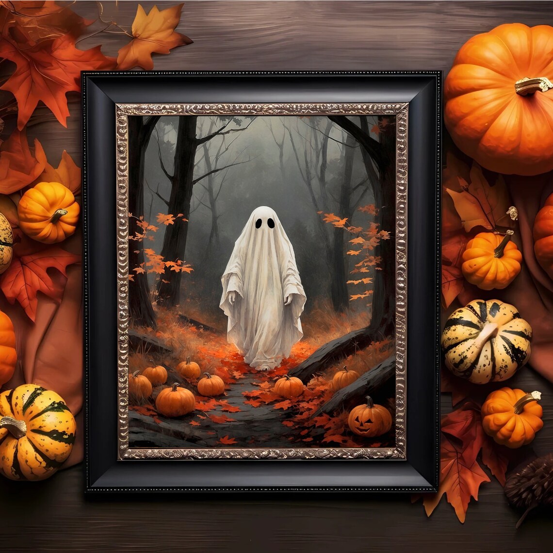 Ghost Walking Through A Misty Autumn Forest Scattered With Pumpkins Art Print - Image 5