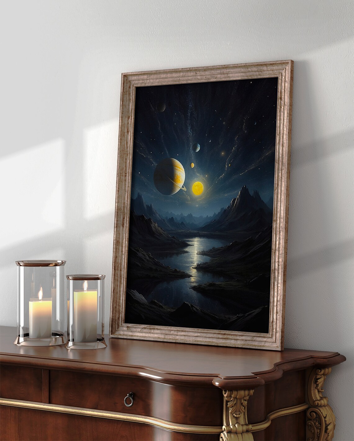 Alien World with Planets Over a Moonlit River Valley Night Sky Wall Art - Image 4