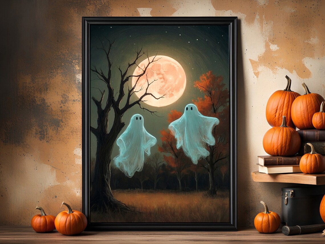 Two Cute Ghosts Floating Under Full Moon In Autumn Night Forest Painting Poster - Image 4