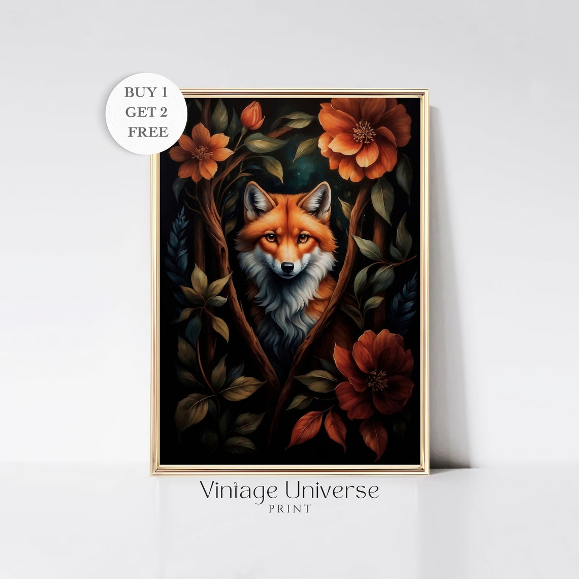 Fox Among Orange Blooms Dark Botanical Vintage Oil Painting Poster