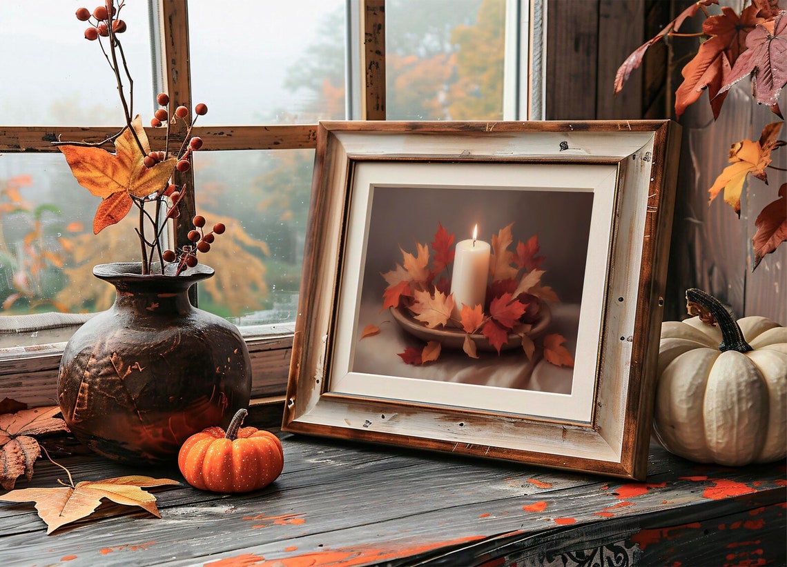 Lit Candle With Red Fall Leaves Still Life Autumn Home Decor Poster - Image 2