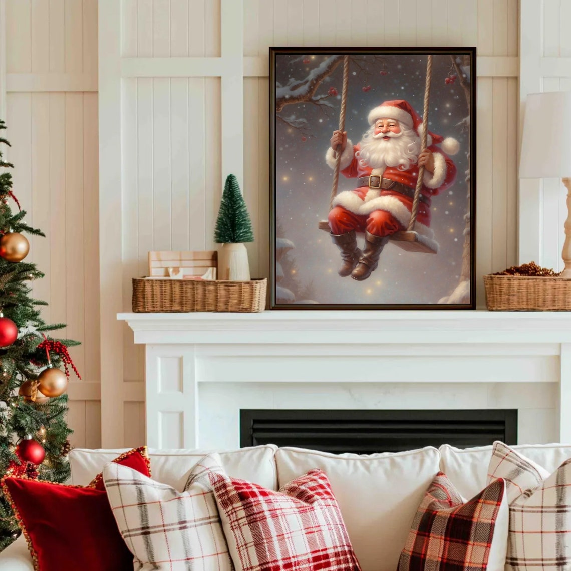 Swinging Santa Claus Vintage Painting Christmas Oil Painting Christmas Wall Art Retro Christmas Decoration Winter Print Noel Art Print - Image 3