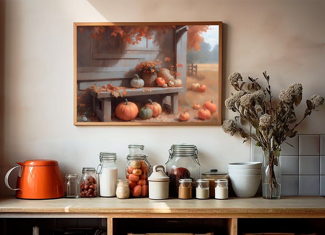 Fall Porch Bench With Pumpkins Autumn Flowers Rustic Decor Poster - Image 2