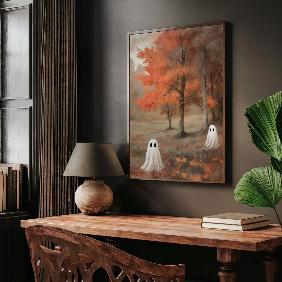 Two Ghosts In A Misty Orange Autumn Forest With Fallen Leaves Vintage Art Print - Image 3
