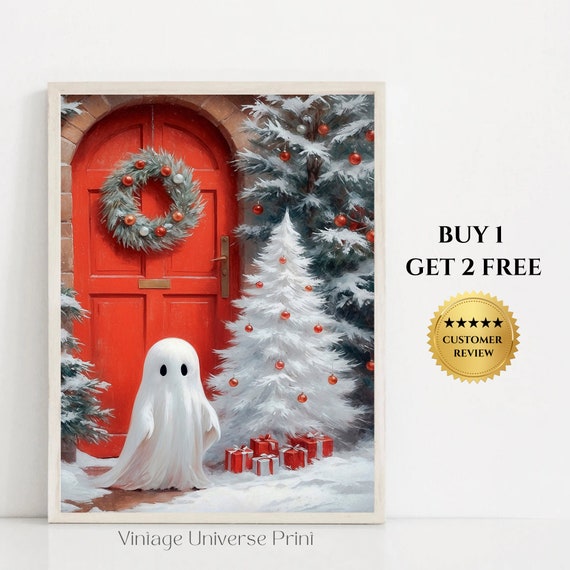 Cute Ghost With Christmas Trees Vintage Painting Snowy Christmas House Wall Art Print Holiday Wall Decor Christmas Wall Art 16
