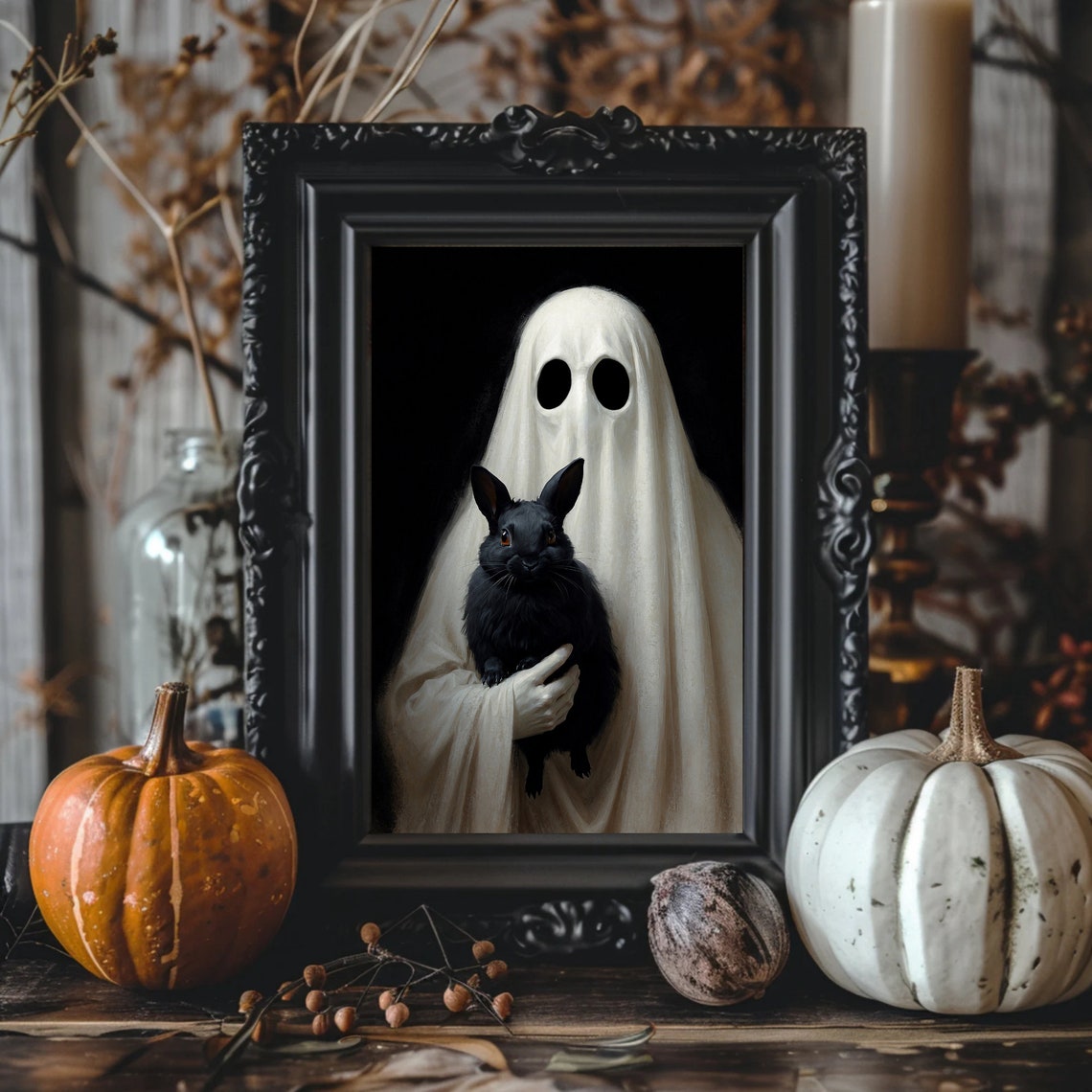 Ghost Holding Black Rabbit Painting Dark Romantic Ghost Cute Ghost Print Ghost Spooky Decor Alt Wall Art Halloween Jpg - Image 4
