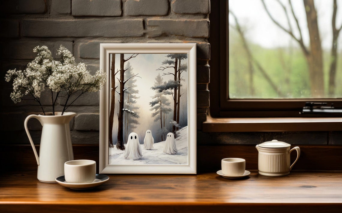 Three Ghosts in Misty Snowy Pine Forest Quiet Winter Scene Print - Image 3
