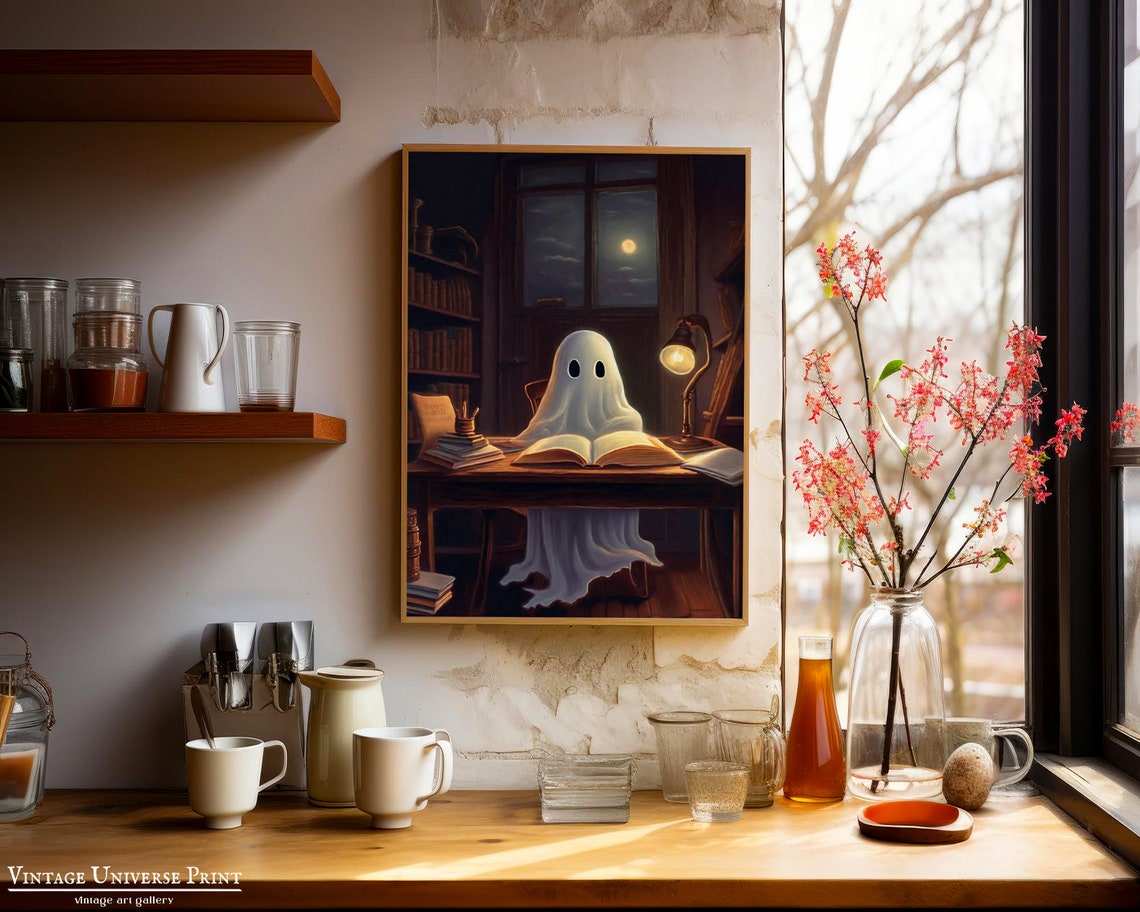 Ghost Reading Book Cozy Desk Lamp Dark Library Night Owl Poster - Image 3