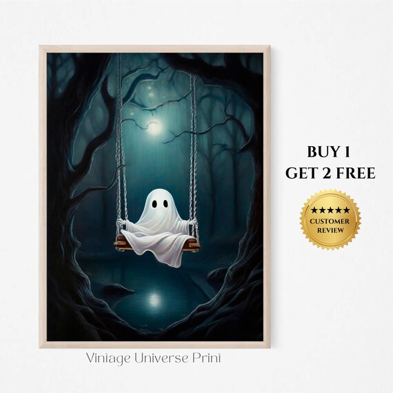 Ghost On Swing Wall Art Spooky Dark Halloween Wall Decor Cute Ghost Painting Moody Decor Moody Forest Print
