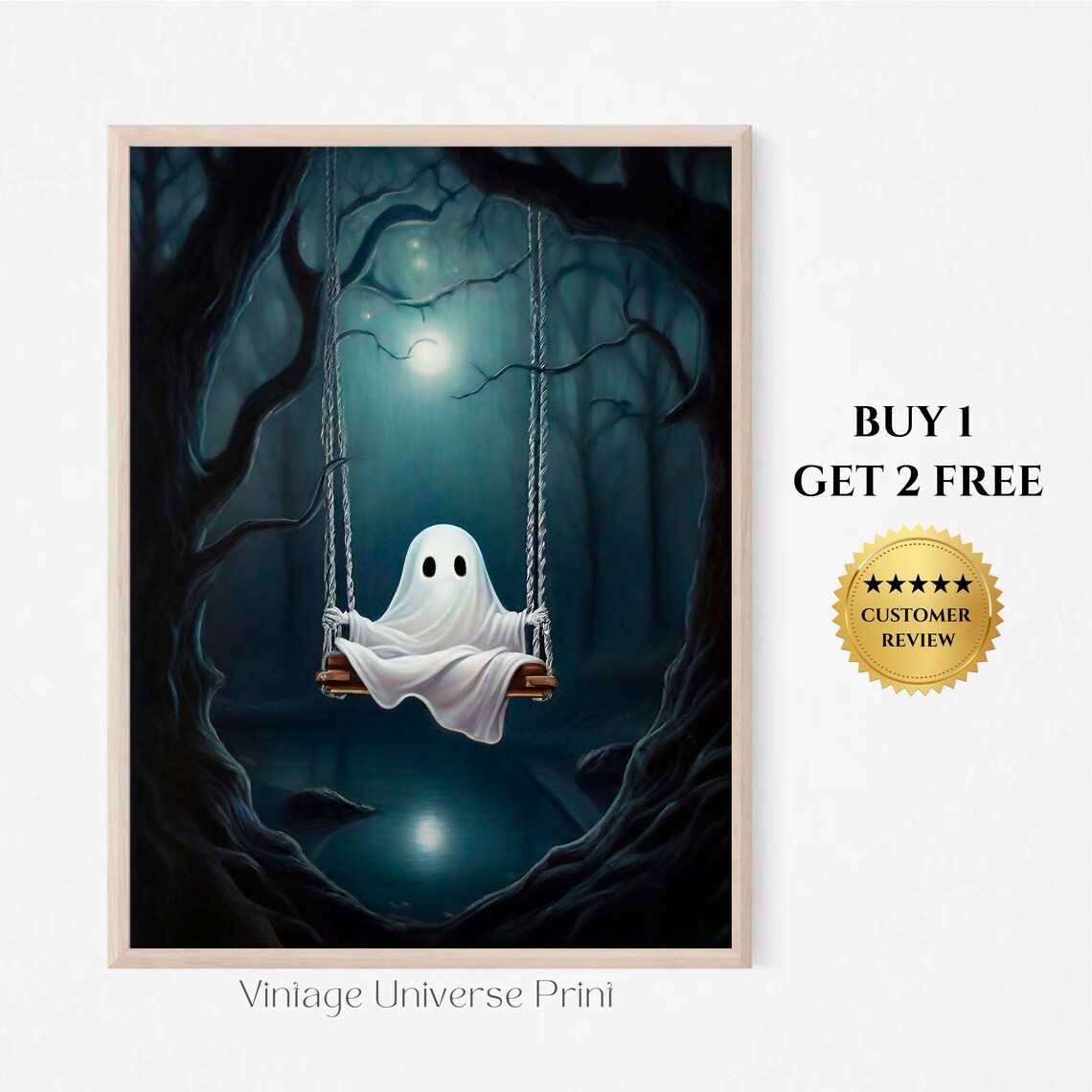Ghost On Swing Wall Art Spooky Dark Halloween Wall Decor Cute Ghost Painting Moody Decor Moody Forest Print