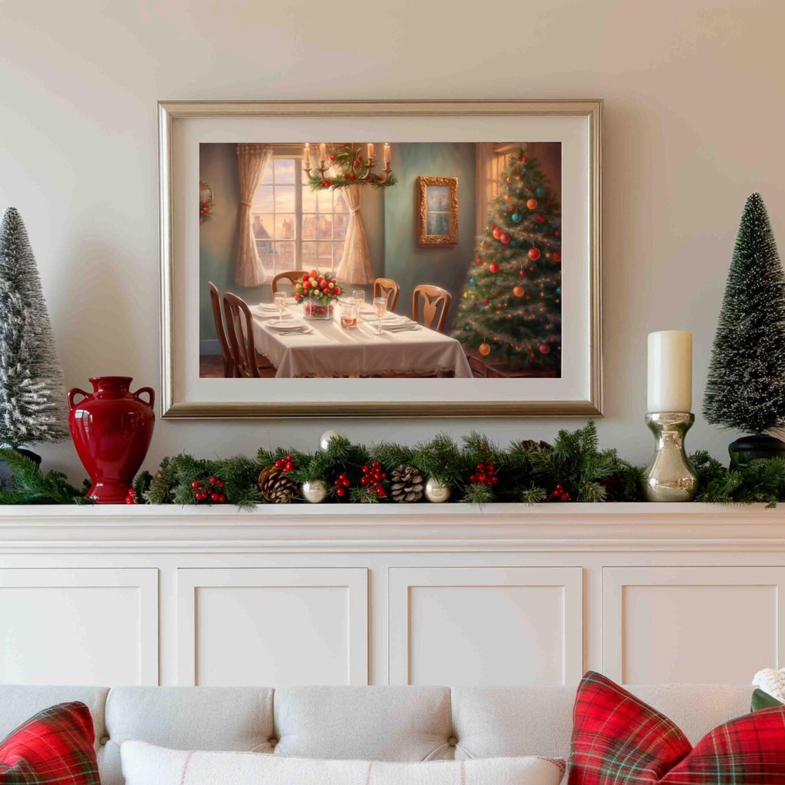 Cozy Christmas Dining Room with Tree and Holiday Table Setting Poster - Image 3