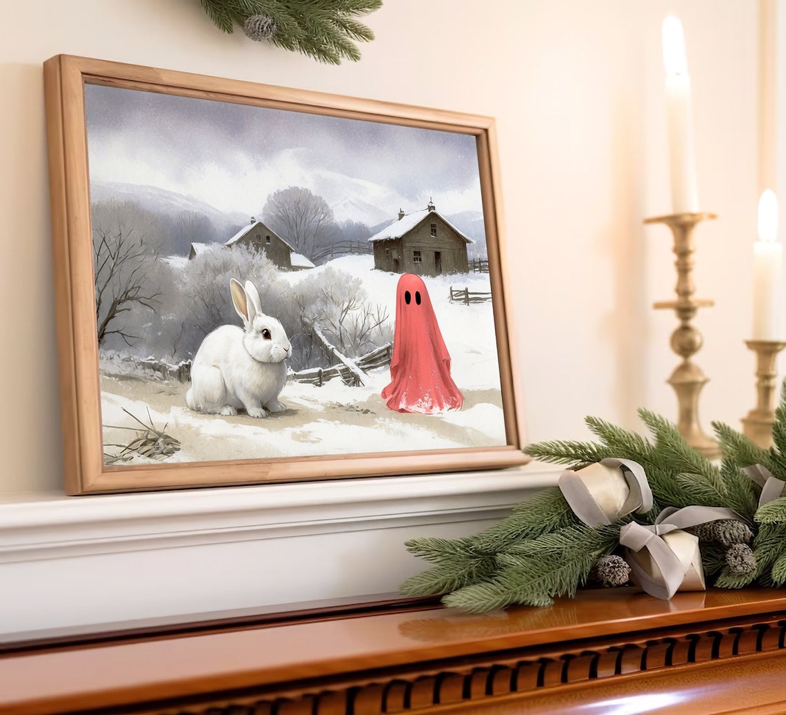 Pink Ghost with White Rabbit in Snowy Farm Landscape Scene Print - Image 2