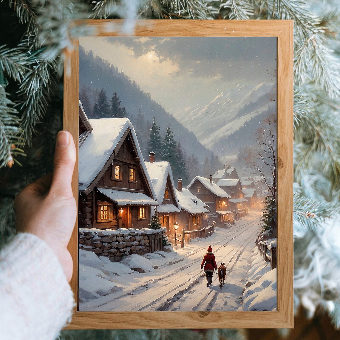 Snowy Mountain Village Walk With Dog Vintage Winter Evening Poster - Image 2