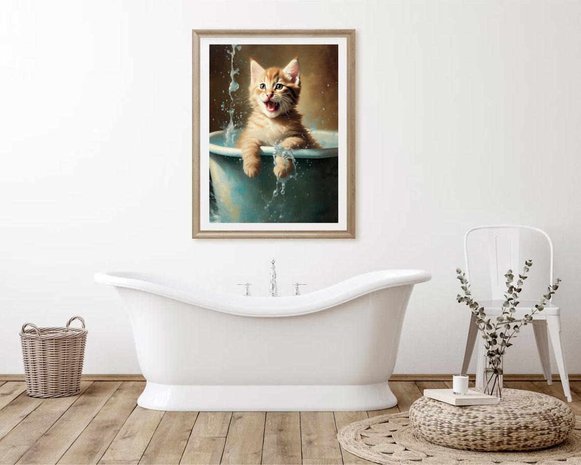 Playful Orange Kitten Splashing in a Bathtub with Joy Funny Cat Poster - Image 2