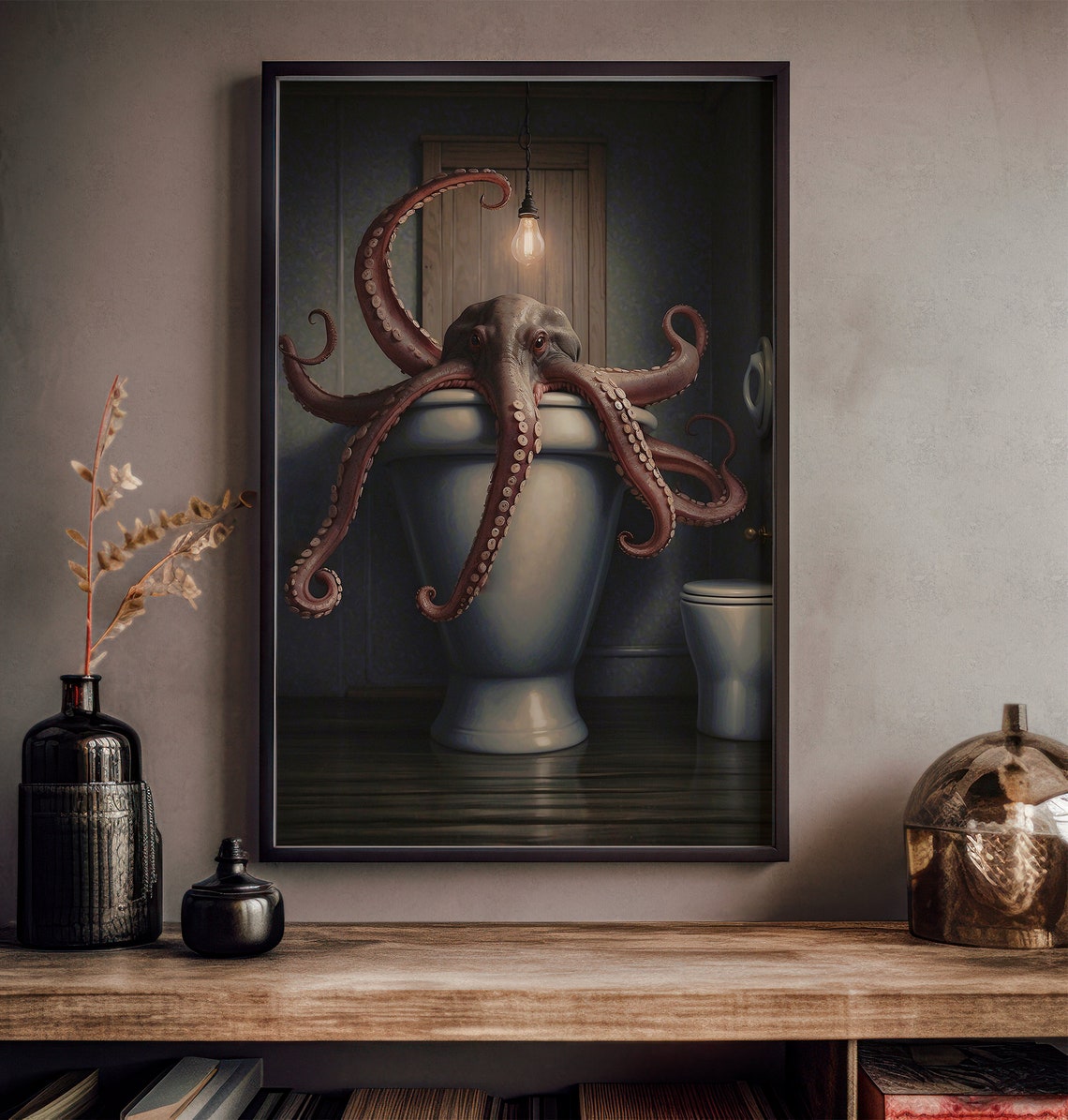 Dark Octopus Emerging From A Stone Urn Moody Gothic Art Poster - Image 3