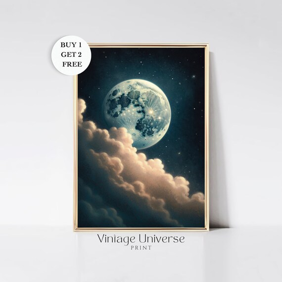 Moon And Clouds Vintage Celestial Wall Art Moody Night Sky Painting Dark Academia Art Print Moon And Stars Wall Decor Witchy Aesthetic