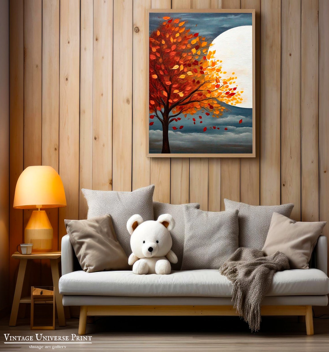 Autumn Tree With Fiery Orange Leaves Before A Full Moon Wall Art - Image 2