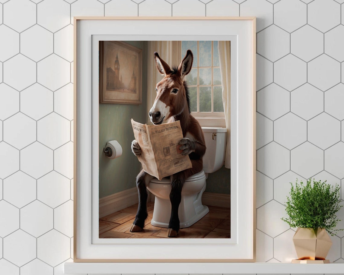 Smiling Donkey Reading A Newspaper On The Toilet Funny Poster - Image 5