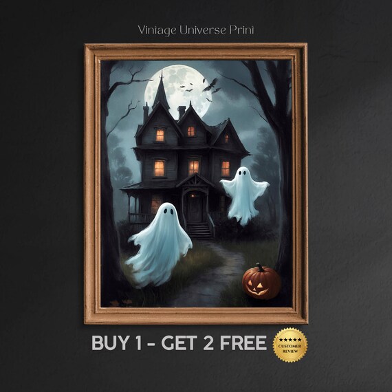 Two Cute Ghosts At Haunted House Under Full Moon Halloween Painting Poster