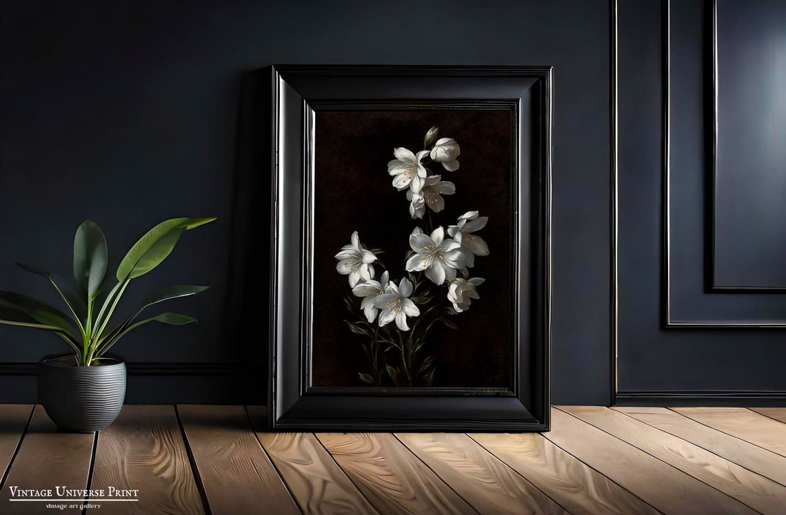 White Lilies on Dark Background Moody Vintage Botanical Wall Art - Image 3
