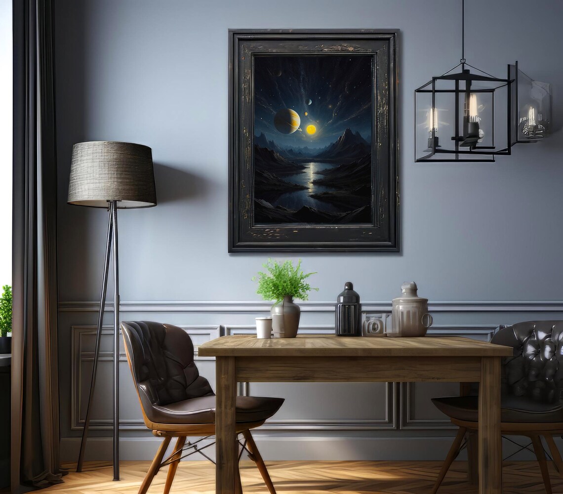 Alien World with Planets Over a Moonlit River Valley Night Sky Wall Art - Image 2