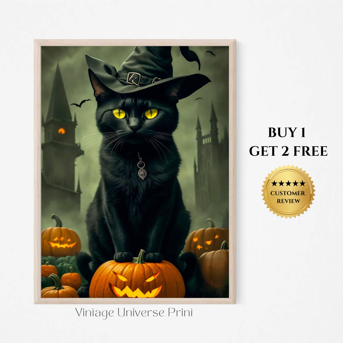 Vintage Black Cat in Witch Hat on Jack O Lantern Halloween Poster