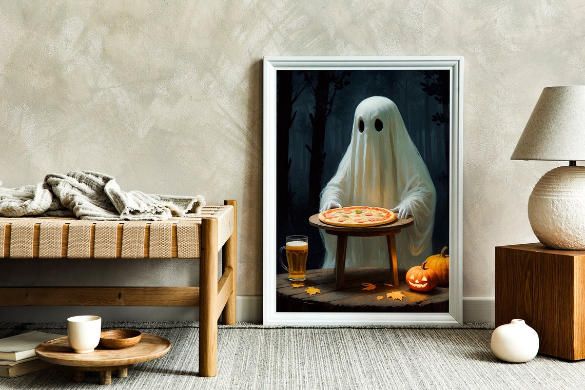 Ghost Eating Pizza Dark Forest Halloween Party Funny Spooky Print - Image 3