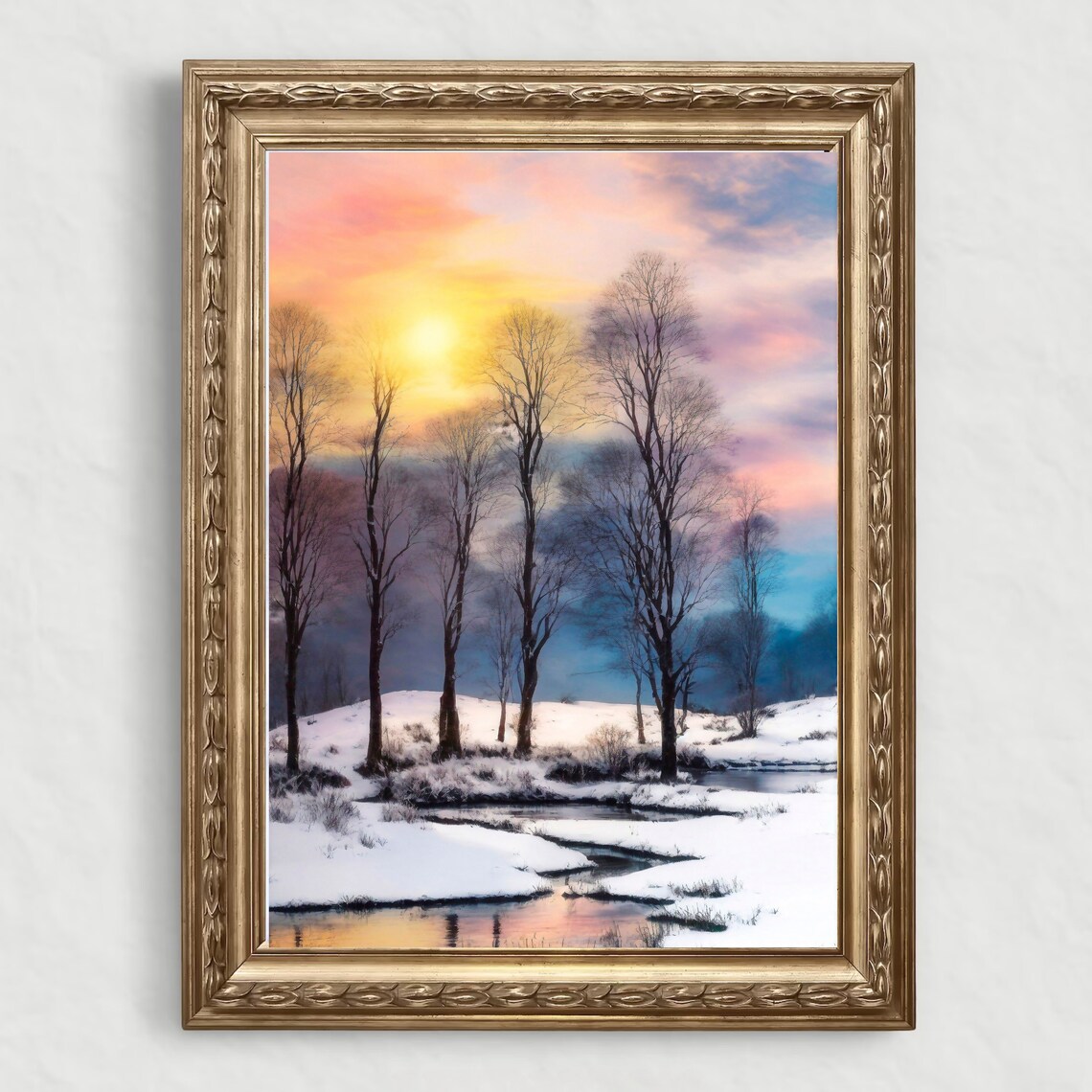 Colorful Winter Sunset Over A Snowy River Landscape Art Poster - Image 4