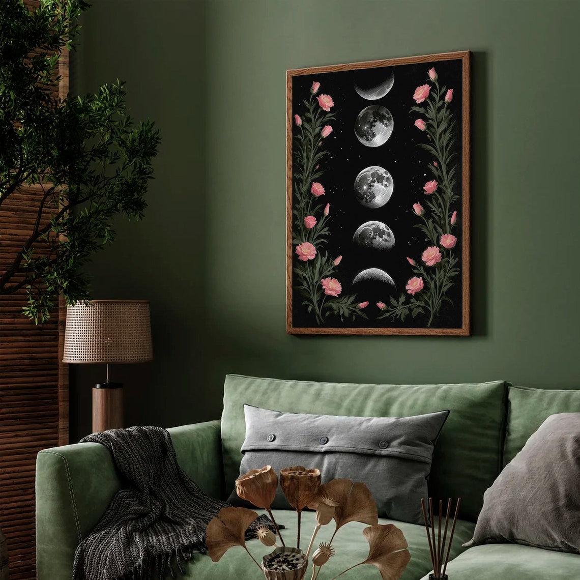 Moon Phases Vertical with Pink Blossoms on Black Celestial Art Print - Image 5