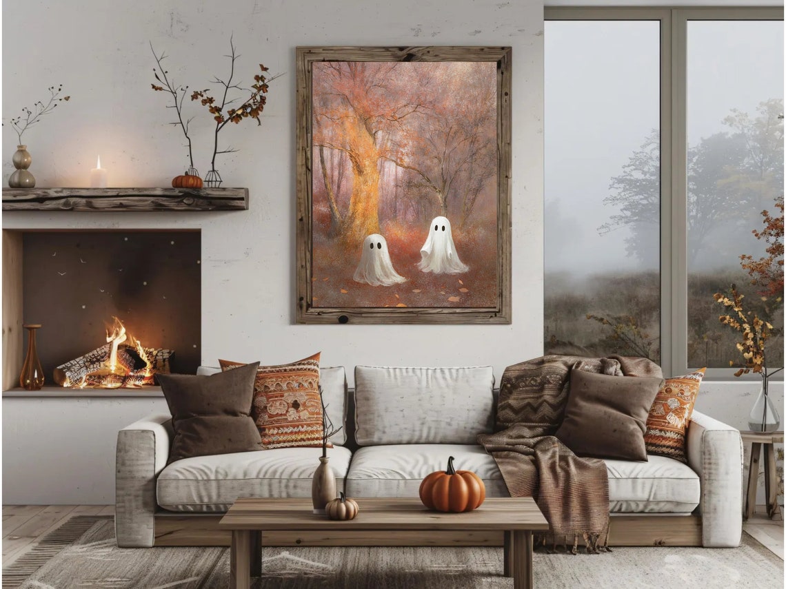 Two Ghosts In Pink Autumn Forest Mist Vintage Halloween Decor Poster - Image 4
