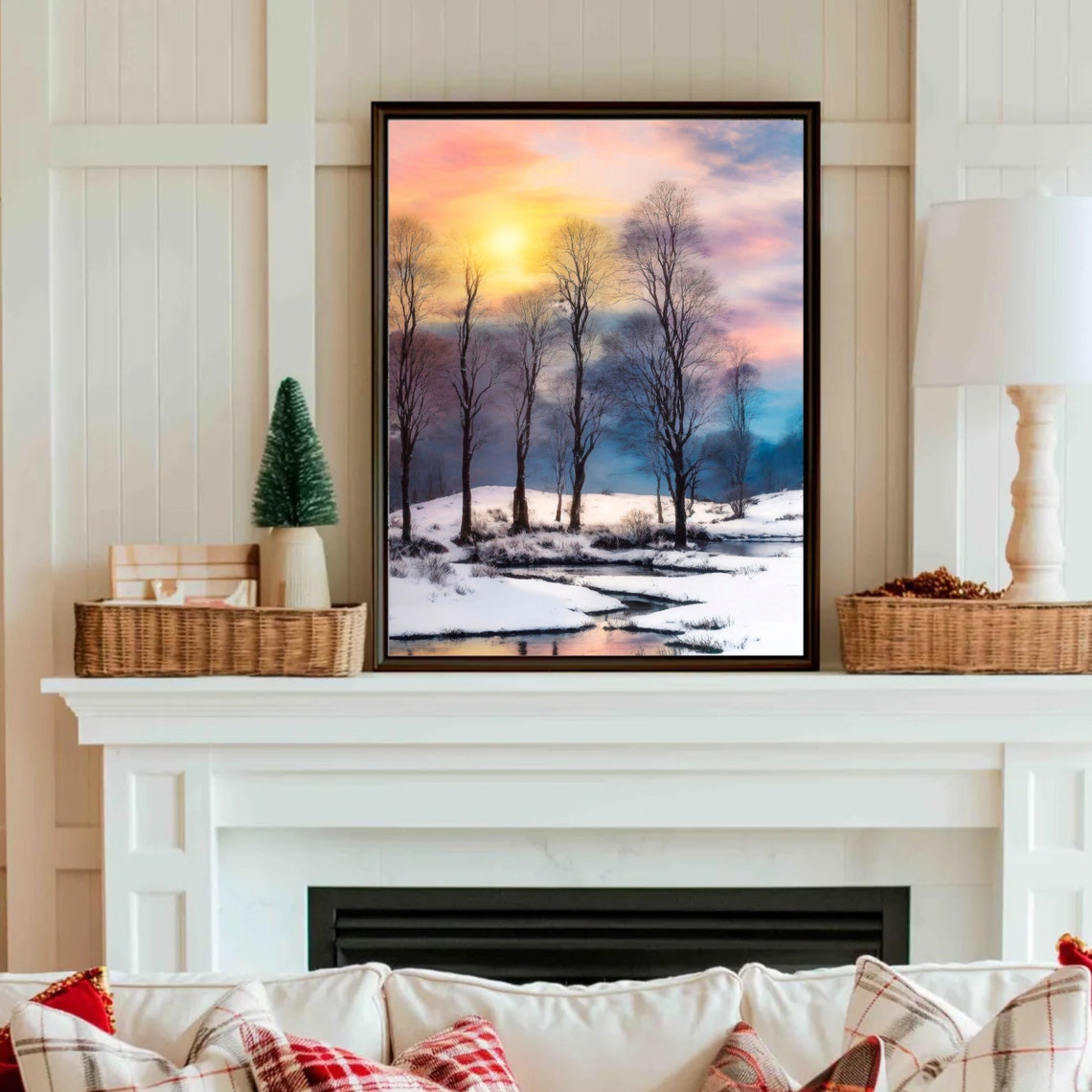 Colorful Winter Sunset Over A Snowy River Landscape Art Poster - Image 2