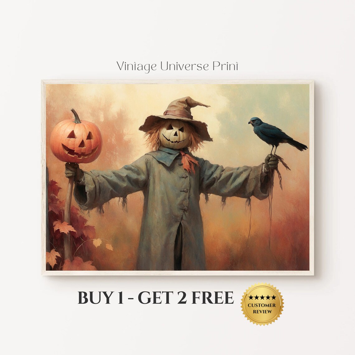 Pumpkin Head Scarecrow With Crow In Autumn Field Vintage Halloween Painting Poster