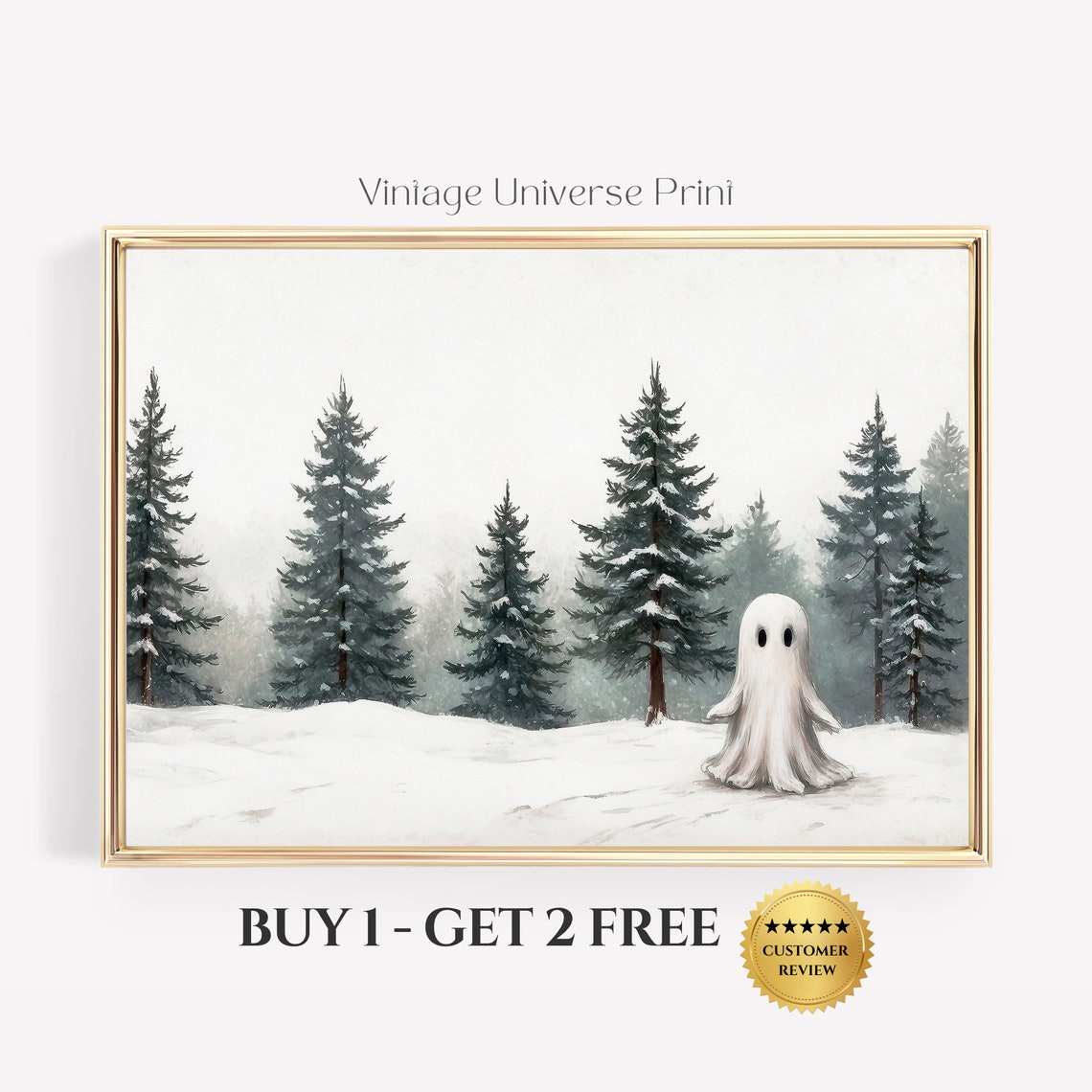 Ghost in Snowy Pine Forest Minimalist Winter Scene Art Print